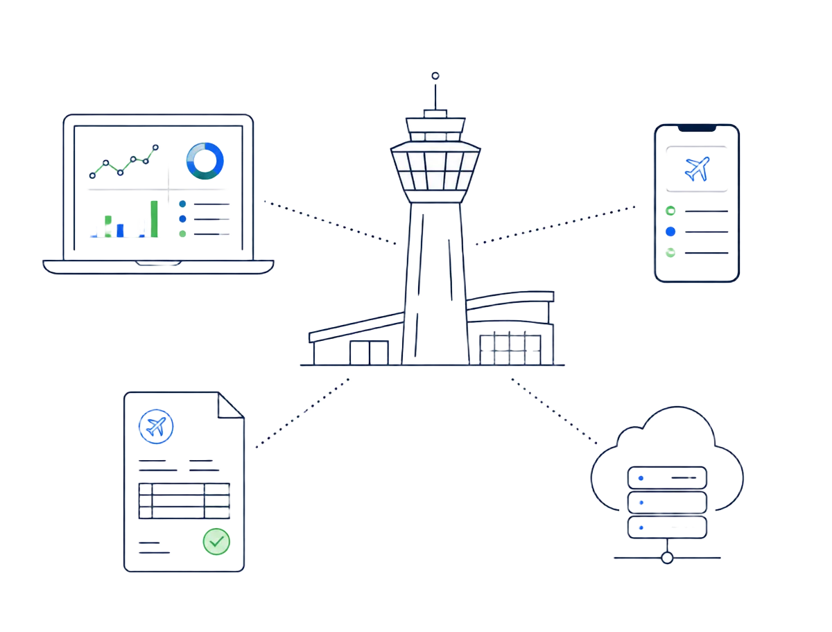 Ilustração de torre de controle conectada a dados e sistemas