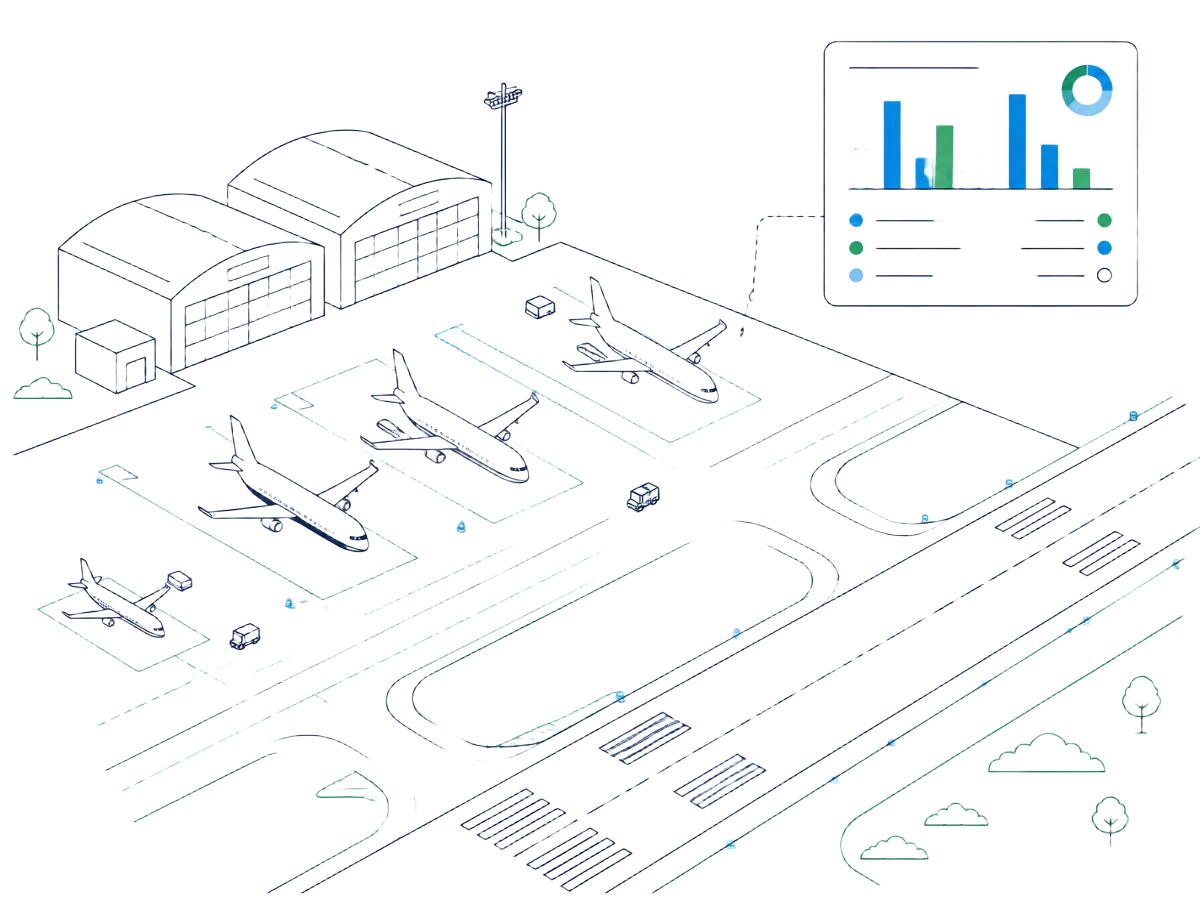 Illustration of an airport apron with performance dashboards